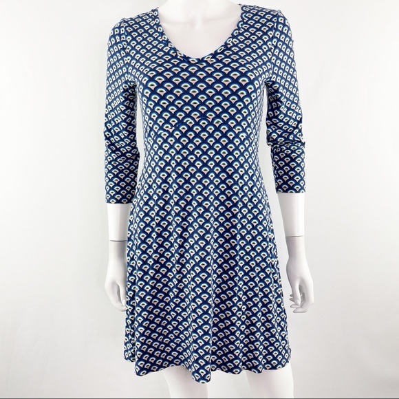 Boden Long Blue Patterned 3/4 Sleeve Short V-Neck Dress Size 6 - Picture 2 of 8